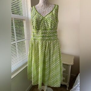 EUC Robbie Lee Green Yellow Polka Dot Sleeveless Dress Party Pinup Vintage 90s